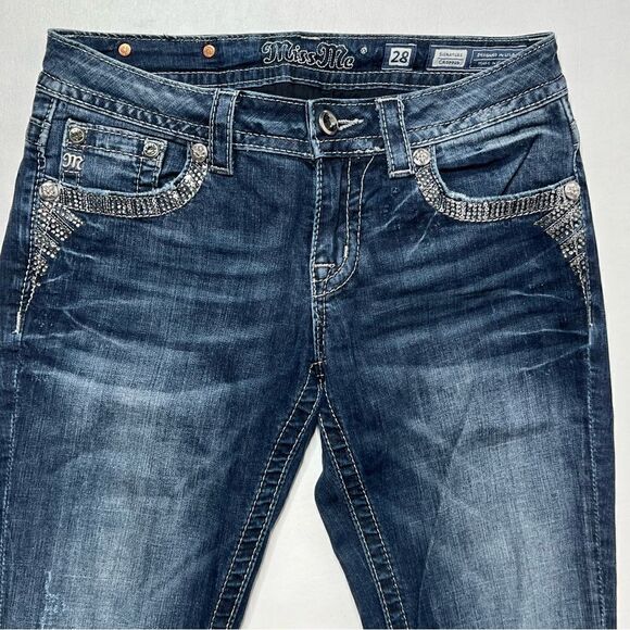 Miss Me | Bedazzled Whispering Effect Factory Distressed Signature Crop Jeans - Picture 2 of 10